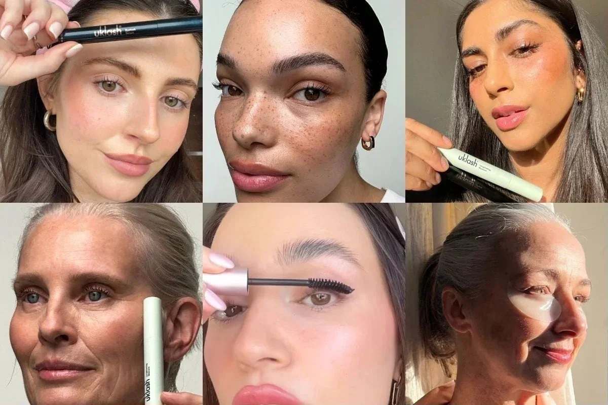 Six-panel collage showing women of different ages and skin tones applying UKLASH eye products, including mascara, lash serum and under-eye patches.